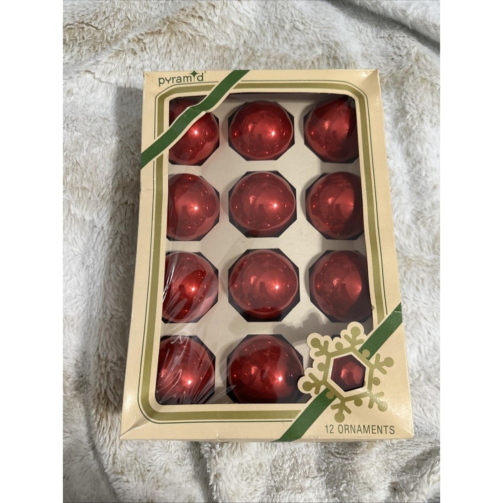 VTG Rauch‎ Industries Pyramid branded Red Glass Ball Ornaments - Box of 12